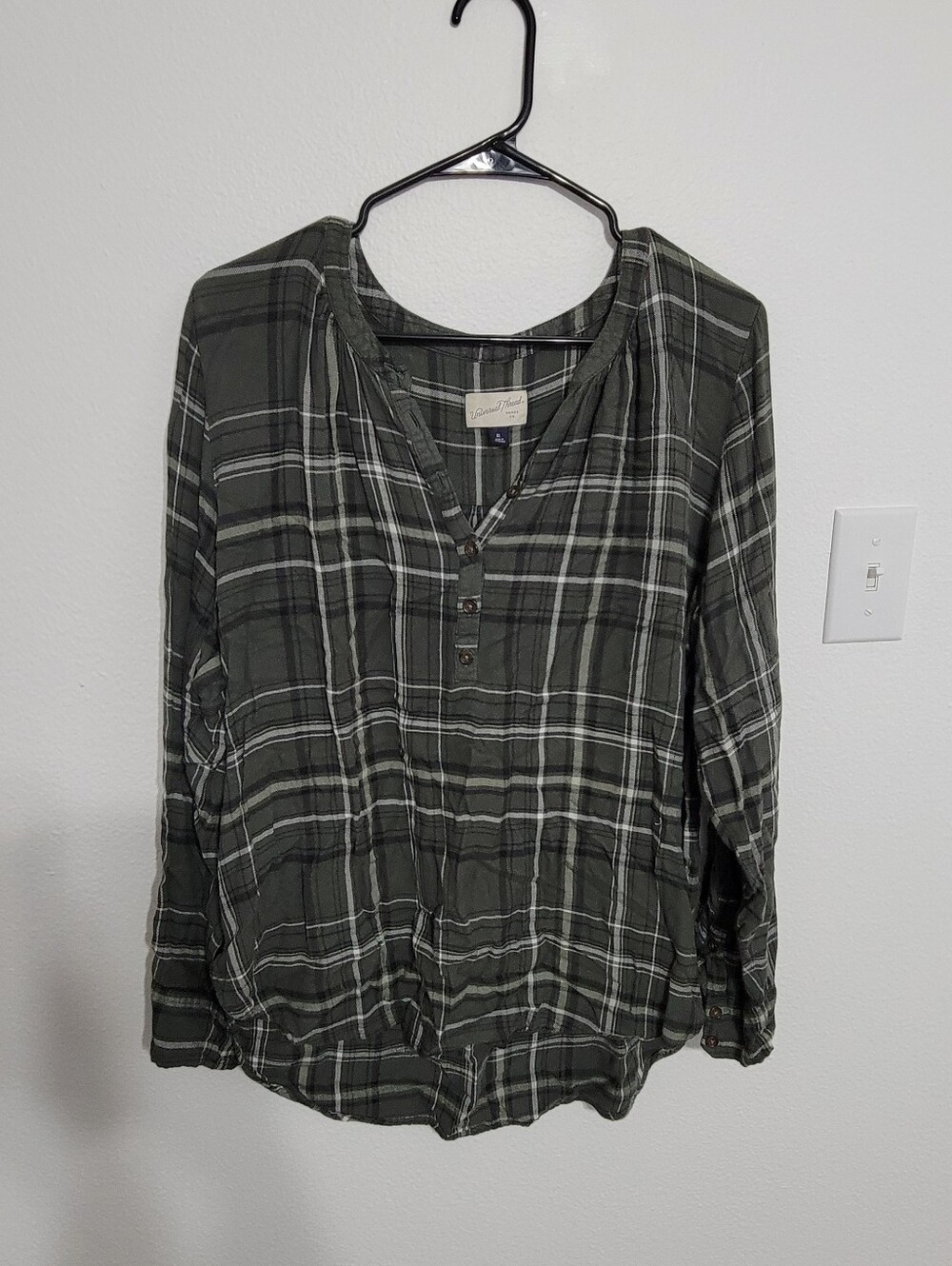 Universal Thread Olive and White Plaid Button Henley Shirt